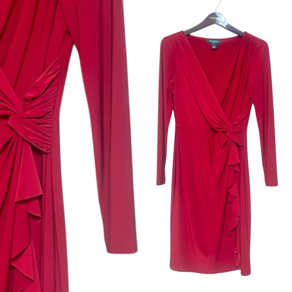 Lauren Ralph Lauren deep red dress size 8 medium vneck knot design